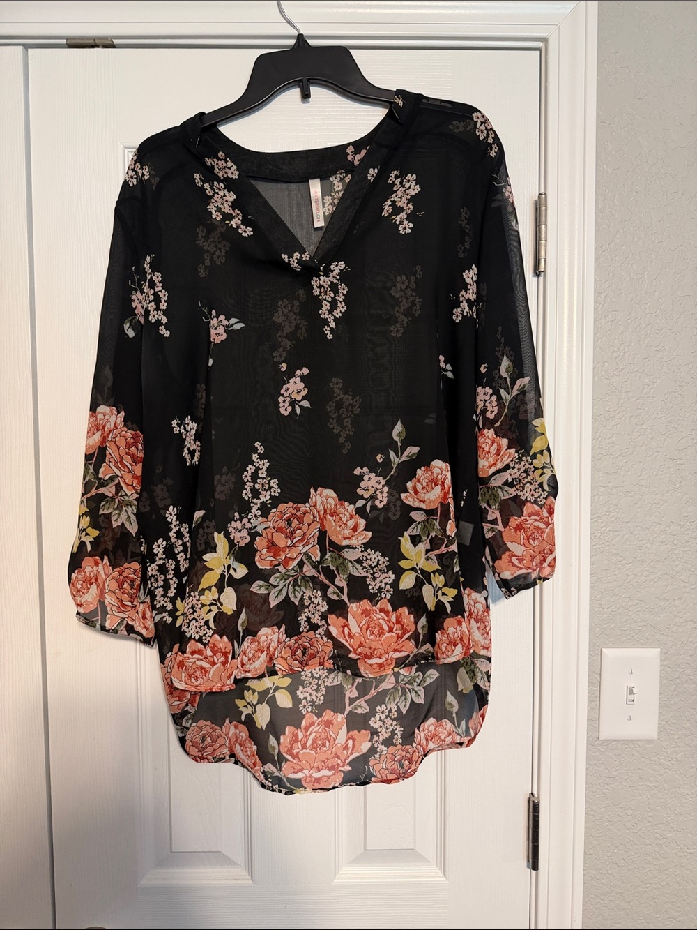 Black Floral V-Neck Sheer Blouse with Coral Rose Print
